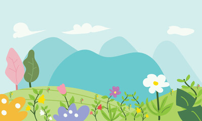 Obraz na płótnie Canvas vector illustration of a landscape of green fields with mountains and full of blooming flowers.