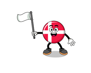 Cartoon Illustration of denmark flag holding a white flag