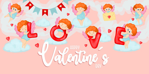 Fototapeta na wymiar Valentine's day horizontal banner with angels. word love.Happy love day