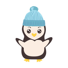 Baby penguin isolated on white. Cute penguin standing in woolen colorful bobble hat vector flat illustration.  Happy arctic character in Winter hat. vector eps10