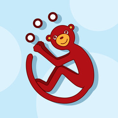 Cartoon cute juggling monkey for kids and children. Hand drawn vector illustration on blue background. Circus collection. Design element. Template for design, books, stickers, cards.