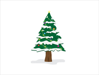 Christmas tree with Xmas star, balls and lights. Green fir or pine, decorated with  glowing garland  New Year holidays vector design