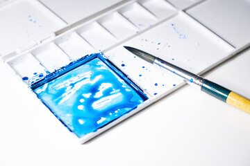 artist watercolor mixing palette dish on white background for logo and banner. design, creative,...