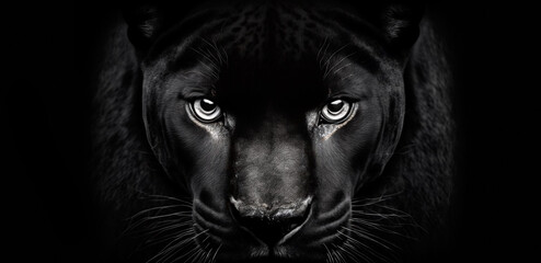 Front view of Panther isolated on black background. Black and white portrait of panther. Predator series. digital art - obrazy, fototapety, plakaty