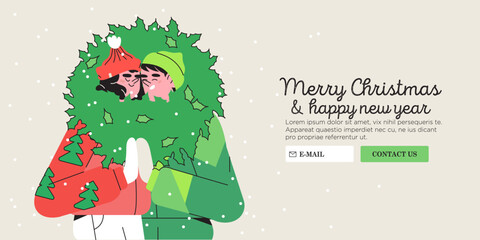 Creative christmas or new year greeting card, banner, landing web page. Poster or placard with happy smiling couple hold christmas wreath. Concept for website background or social media advertisement.