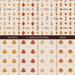 Aesthetic patterns. Boho patterns. Set of seamless pattern with vases, leaves, and abstract shapes in boho and aesthetic style. Vector Illustration.