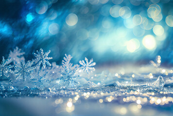 Fototapeta na wymiar Ice crystals and snowflakes on blue and silver glitter sparkles background. Christmas, winter background. 