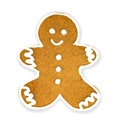 Cute gingerbread man for your design. White icing. Isolated holiday food baking. Merry Christmas and Happy New Year
