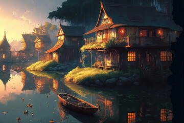 Obraz premium Generative AI : an ancient fishing village at dusk