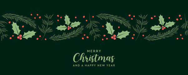 christmas greeting card banner with fir branches and holly berry border © krissikunterbunt