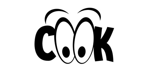 Cartoon drawing slogan or quote cook. Kitchen cooking school, classes, courses, sooking studio. Vector menu logo or icon. School, work cuisine bakery. Baker, cooker. For cafe, restaurant.