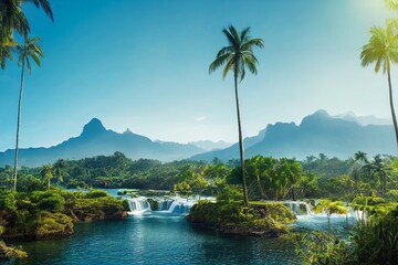 Palm trees against blue sky, tropical coast with waterfall and mountains on a background, river, lake with turquoise water. Summertime.