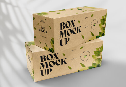 Stacked Kraft Box Mockup &ndash; Realistic Eco Packaging for Organic Tea, Coffee Beans, Natural Skincare, Handmade Gifts, Sustainable Retail Branding &ndash; Leafy Shadow Background