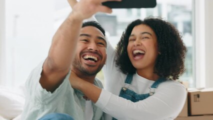 Real estate, phone selfie and couple in new home taking picture for happy memory or social media. Love, diversity and man and woman in property taking a photo on smartphone to celebrate moving day. - Powered by Adobe