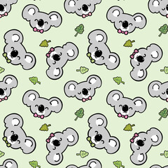 Seamless Pattern with Cartoon Koala Face and Leaf Design on Light Green Background