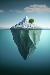 resilience concept with green tree growing on a lone iceberg at sea - obrazy, fototapety, plakaty