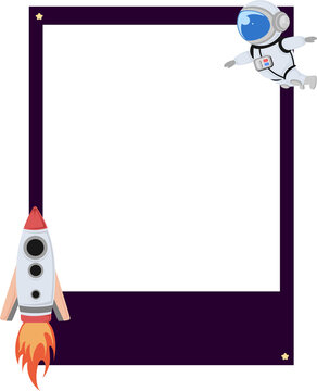 kids space theme cute portrait single photo frame with astronaut and rocket spaceship element
