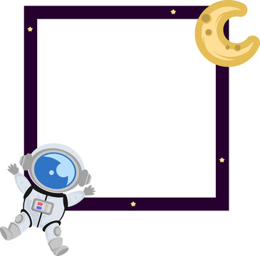 kids space theme square single photo frame with cute astronaut and crescent moon