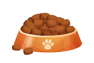 Dry dog food pile in bowl decorated with paw in cartoon style isolated on white background. Dog or cat nutrition, container with dish. 