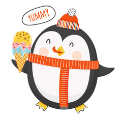 Cute baby penguin is holding an ice cream cone in its paw. Cartoon character for sticker, postcard. Vector flat illustration on transparent background