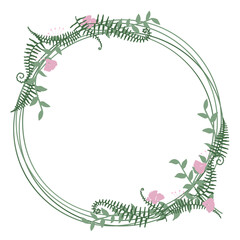 
Element for invitation, greeting, wedding, card, postcard. Pink flower and green fern round in space for your text. 