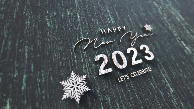 3D animation of 2023 Happy New Year glow wood chrome text cinematic title. Ending cover for end scence trailer winter snow, Christmas and New year event background