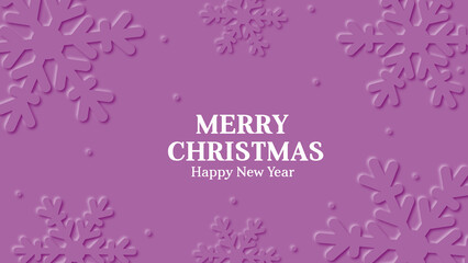 Merry Christmas card with winter design of snowflakes for xmas season in purple tones.