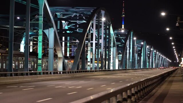Subway and cars passing through Dongjak Bridge in Seoul, filmed at night