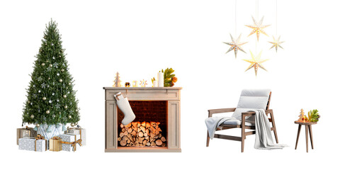 Christmas tree and fireplace isolated	
