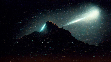 Comet falling close to a mountain