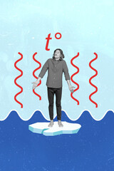 Vertical collage image of black white gamma clueless guy shrug shoulders stand melting ice...