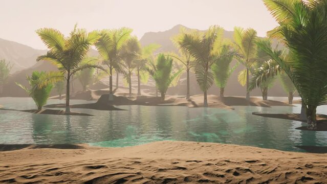 A natural desert oasis with turquoise colored water and palm trees.