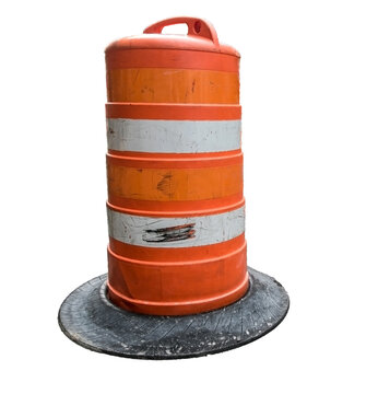 Barrel shaped traffic barricade, transparent PNG.