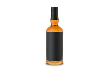 Isolated brandy ,cognac or whiskey glass bottle mockup, realistic image with black label on blank background. 3d rendering.
