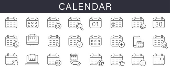 Calendar icon set. Calendar line icons collection isolated on white background. Vector illustration