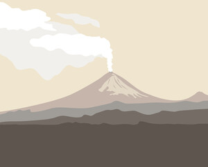 Fototapeta premium Erupting volcano.Silhouettes of a volcano and mountains.Vector illustration