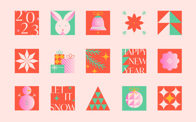 Christmas and Happy New Year icons and symbols.Festive vector emblems in trendy flat style.Traditional winter holiday labels.Xmas trendy designs for branding,invitations,prints,social media
