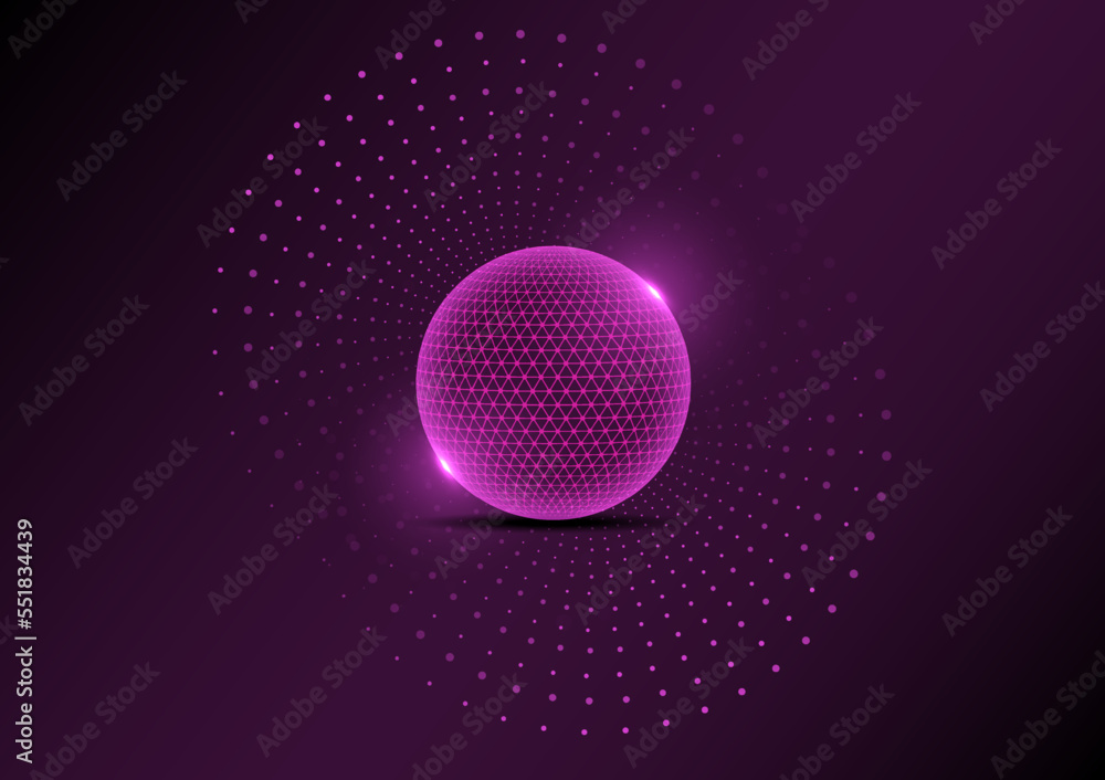 Poster abstract technology background circle globe purple glowing dots atoms diffuse loop on gradient backg