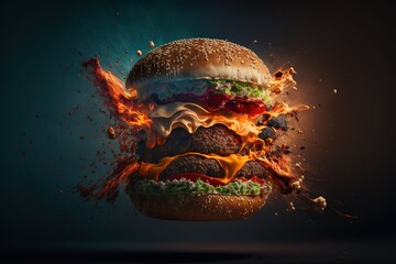 exploding spicy burger sandwich fictitious generative AI artwork that doesn't exist in real life.
 - obrazy, fototapety, plakaty