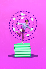 Vertical collage portrait of excited cheerful girl stand big pile stack book flying paper planes isolated on purple background