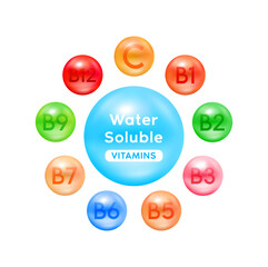 Water soluble vitamins. Multivitamins capsules isolated on white background. Essential vitamin for human body. Medical scientific concepts. Ad dietary supplement for pharmacy or clinic. 3D Vector.