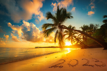 Obraz na płótnie Canvas Happy New Year 2023 text on island beach sand. Sea sunrise. Punta Cana, Dominican Republic