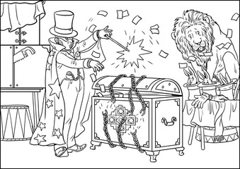 The magician in the circus shows his art. Coloring page with the illusionist. Coloring template with wizard.