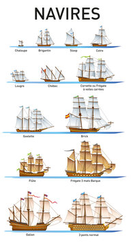 LOT DE BATEAUX avec d&eacute;nominations - Sllop, chaloupe, lougre, galion, corvette, brick, goelette