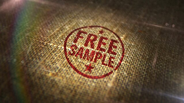Free sample sign stamp on natural linen sack. Gratis shopping retail product promotion 3D rendered design abstract concept. Looped and seamless animation.