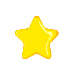 Yellow star. Asterisk sticker. Glossy golden flat star shape. Realistic 3d design element in plastic cartoon style. Icon highlighted on a white background. Vector illustration of a shining star.