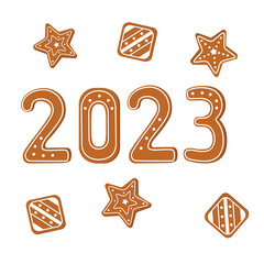 Gingerbread cookies numbers 2023 in cartoon style. Vector illustration on white background.