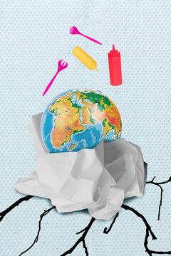 Collage photo poster of planet earth sphere pollution garbage plastic utensils with sauce bottles inside paper garbage isolated on painted background