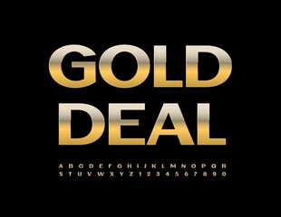 Vector chic logo Gold Deal. Elegant Shiny Font. Artistic Alphabet Letters and Numbers set