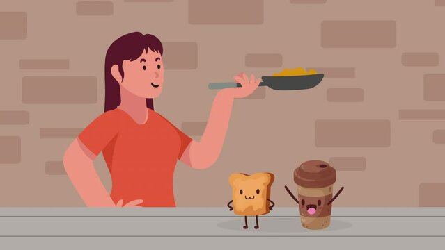 woman cooking with pan character animation